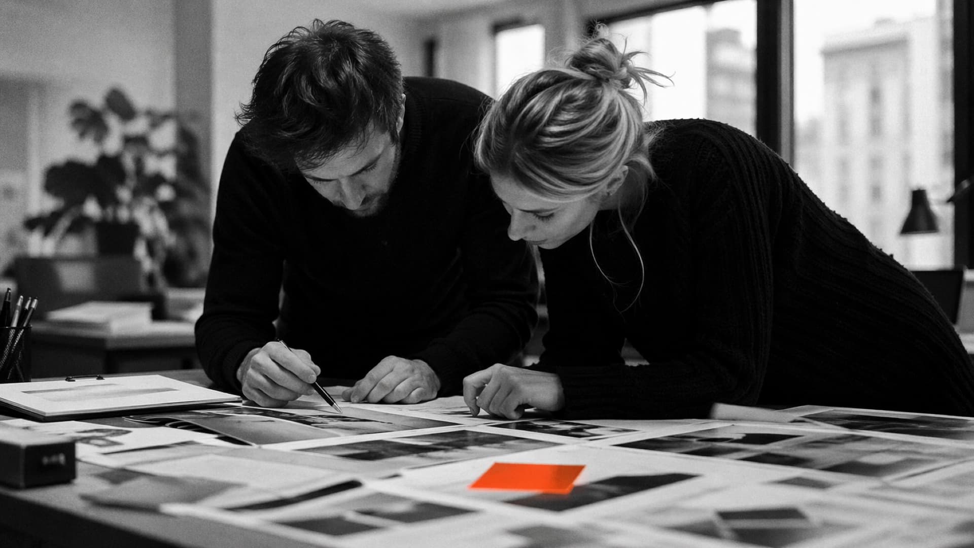 Kreativagentur-Schreibtisch mit Layouts und Laptop
