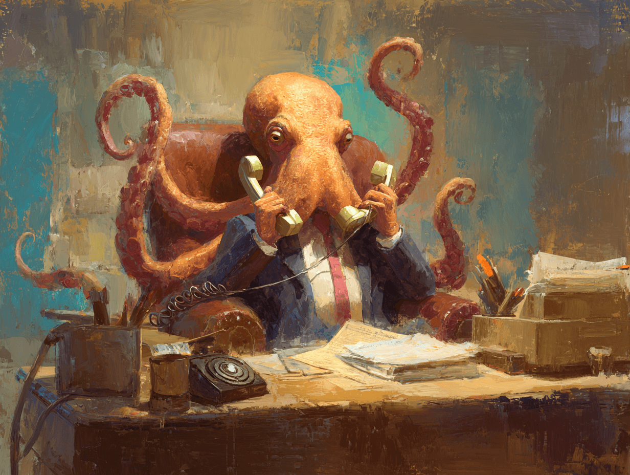 Octopus im Anzug jongliert Telefone – der überlastete Geschäftsführer